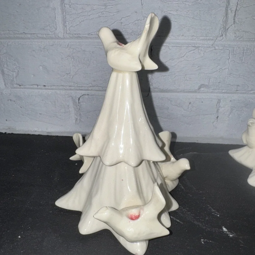 Vintage MCM Ceramic Christmas Tree White With Dove Candlestick Holders 9.5